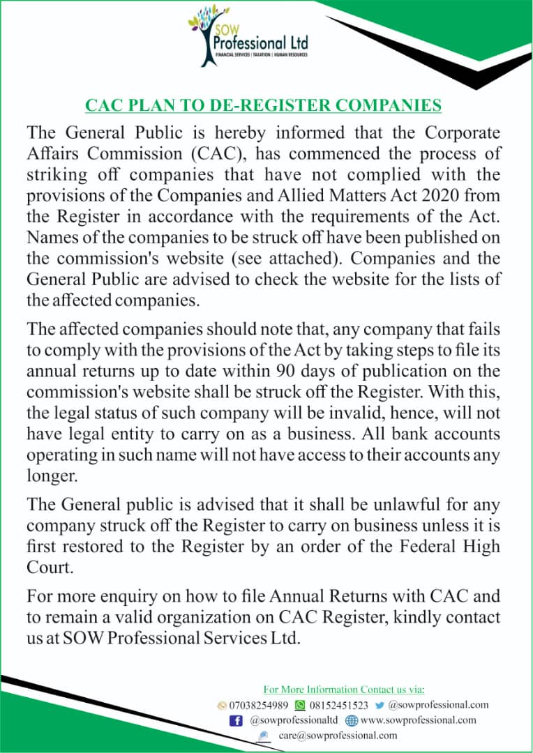 CAC Plan to De-Register Companies.